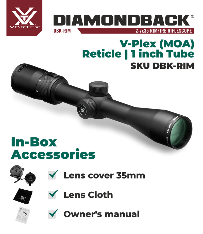 Vortex Optics Diamondback 2-7x35 Rimfire Riflescope V-Plex (MOA) Reticle, 1inch with Rings