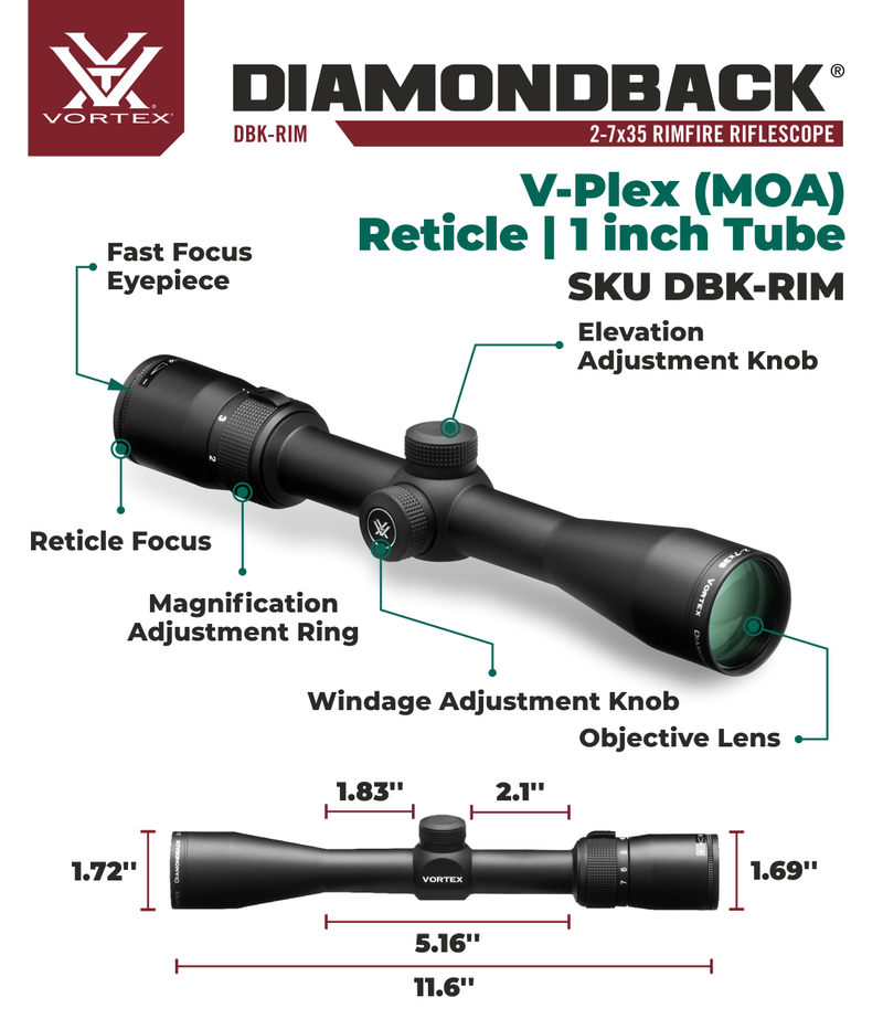 Vortex Optics Diamondback 2-7x35 Rimfire Riflescope V-Plex (MOA) Reticle, 1inch with Rings