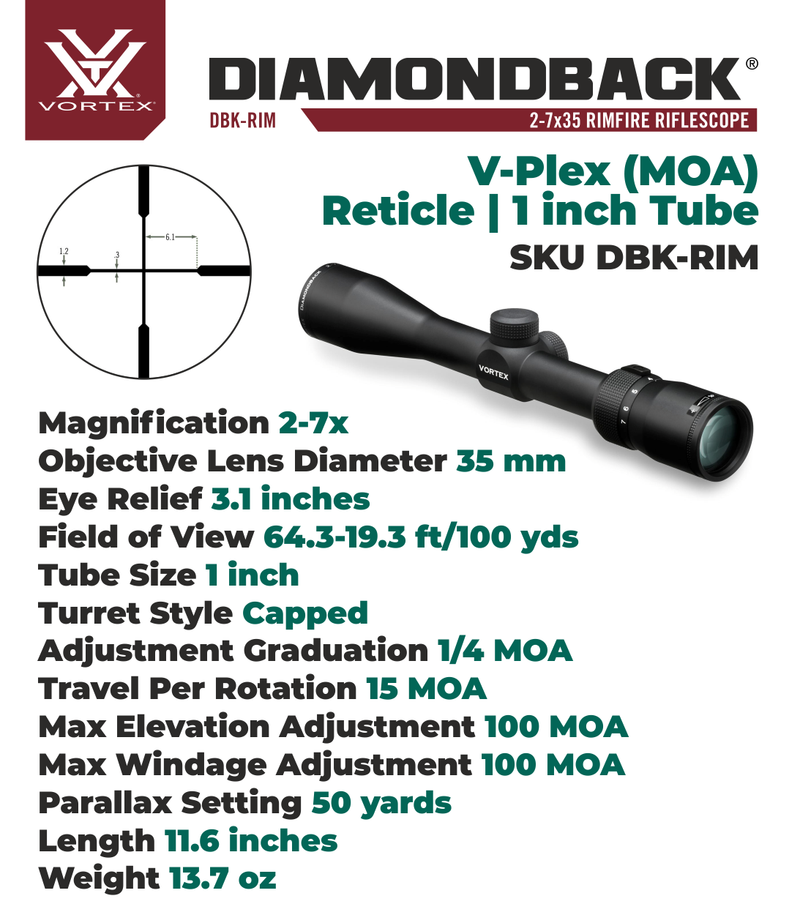Vortex Optics Diamondback 2-7x35 Rimfire Riflescope V-Plex (MOA) Reticle, 1inch with Rings