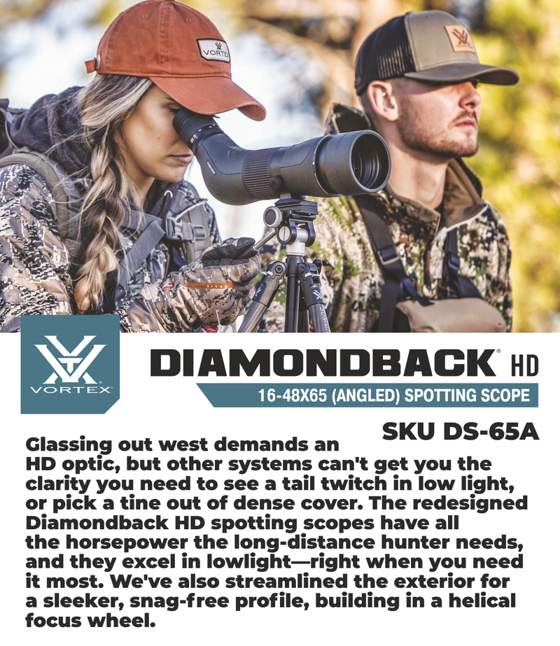 Vortex Optics Diamondback HD Spotting Scope 16-48x65 Angled with Free TriPod and Hat Bundle
