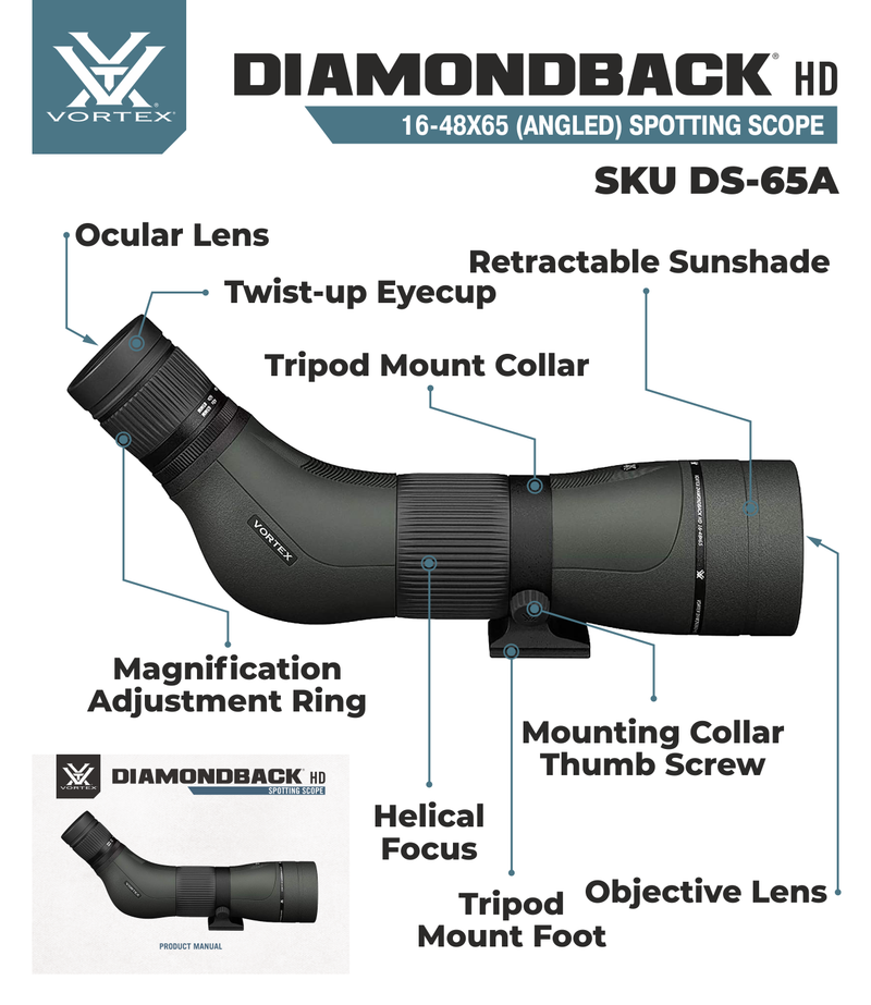 Vortex Optics Diamondback HD Spotting Scope 16-48x65 Angled with Free TriPod and Hat Bundle