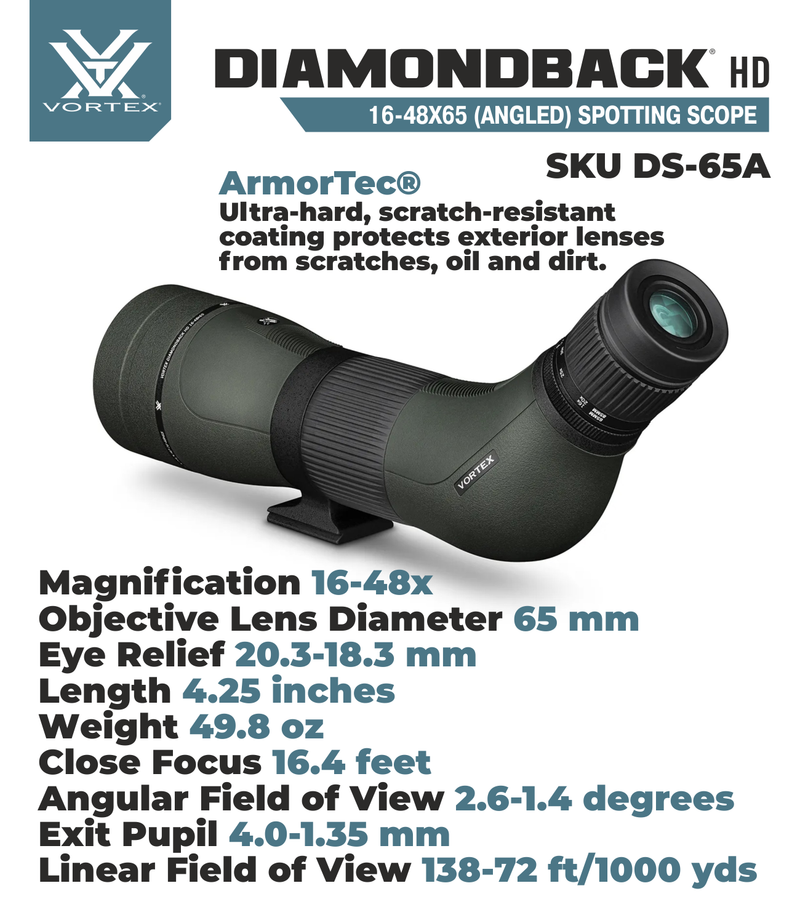 Vortex Optics Diamondback HD Spotting Scope 16-48x65 Angled with Free TriPod and Hat Bundle