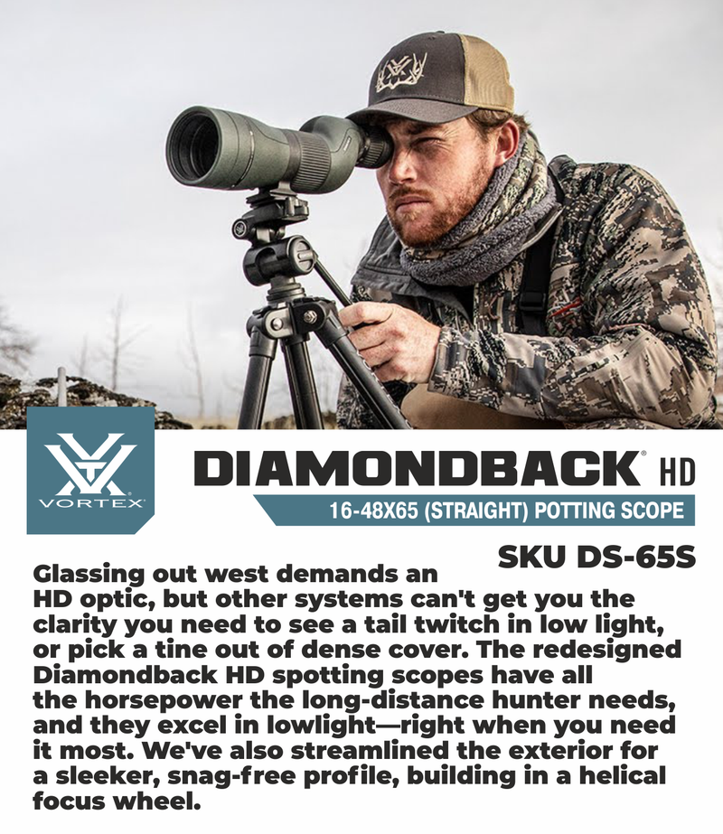 Vortex Optics Diamondback HD Spotting Scope 16-48x65 Straight with Free TriPod and Hat Bundle