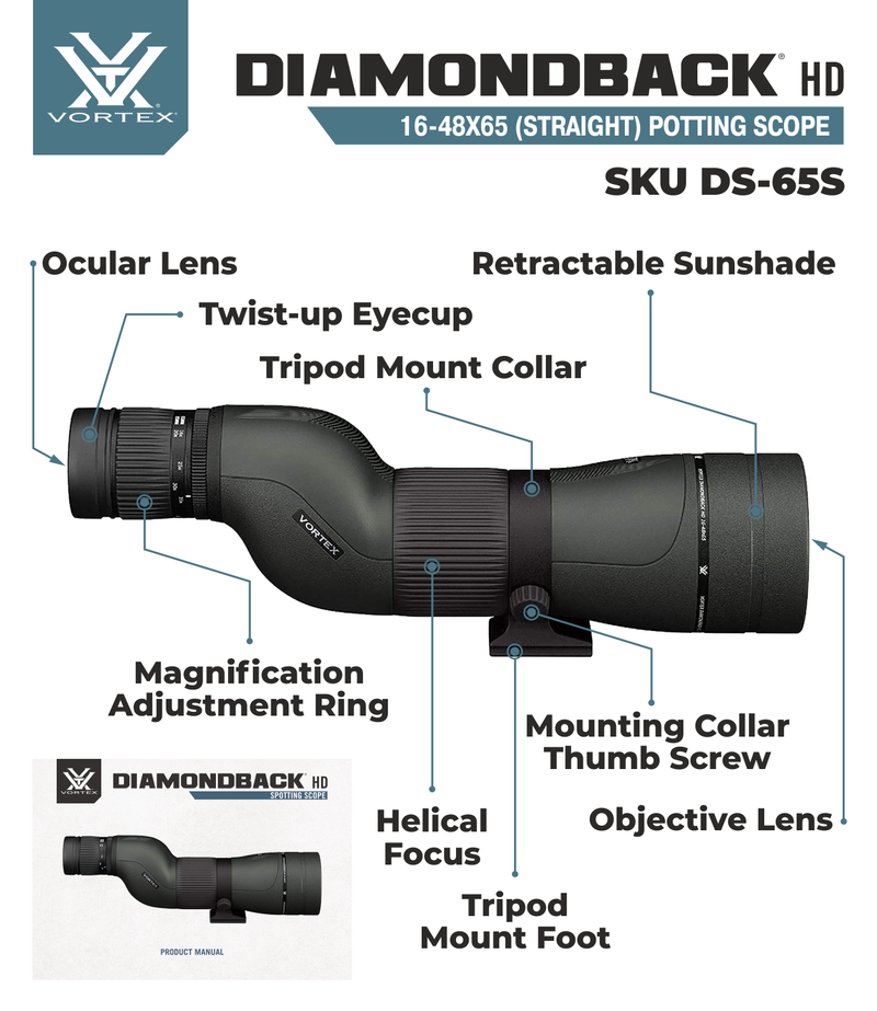 Vortex Optics Diamondback HD Spotting Scope 16-48x65 Straight with Free TriPod and Hat Bundle
