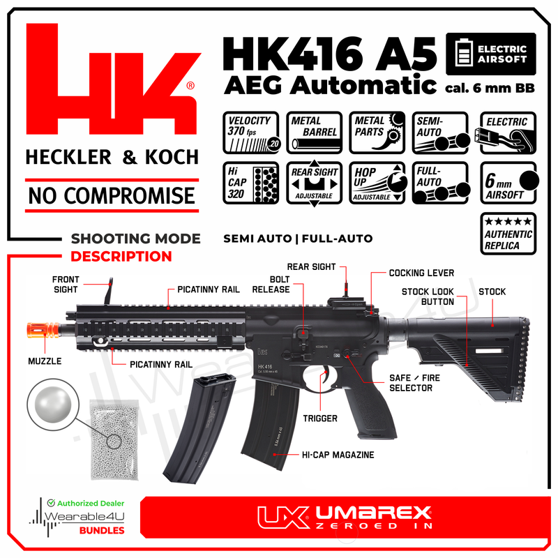 Umarex Elite Force HK Heckler & Koch 416 A5 AEG Automatic 6mm BB Rifle Airsoft Gun with Wearable4U Bundle