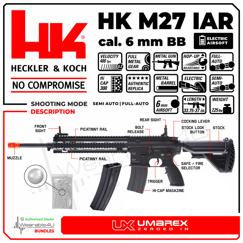 Umarex Elite Force Heckler&Koch HK M27 IAR AEG Airsoft Rifle Gun with Avalon Gearbox with Wearable4U Bundle