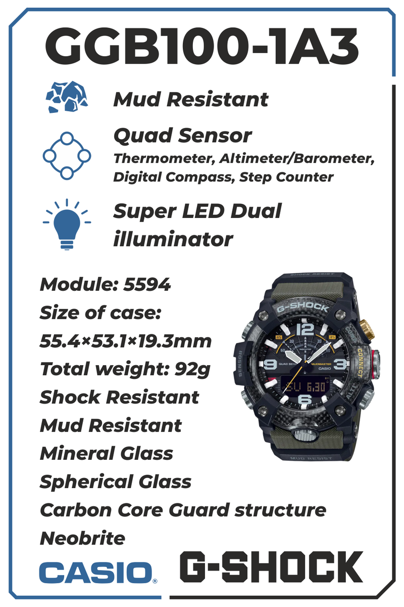 Casio G-Shock Master of G Mudmaster Men's Watch with Wearable4U Power Pack Bundle
