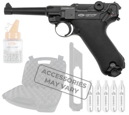Gletcher Parabellum .177 Cal CO2 Blowback Full Metal Single-action BB Air Pistol with Included Bundle