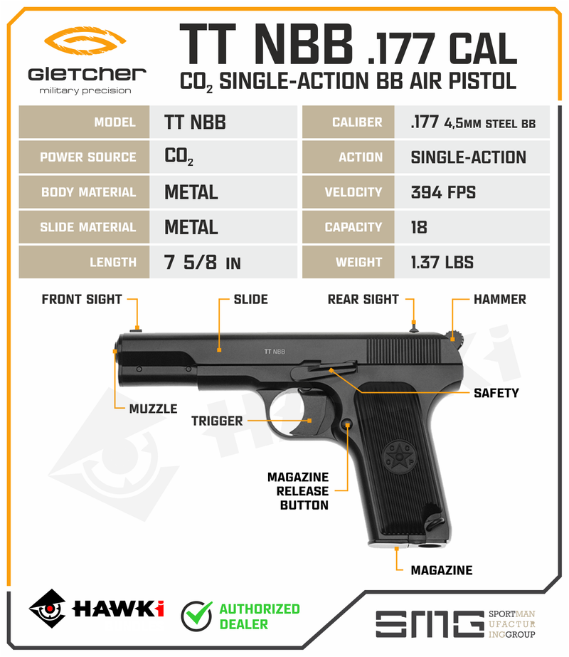 Gletcher TT NBB .177 Cal CO2 Metal Body Single-action BB Air Pistol