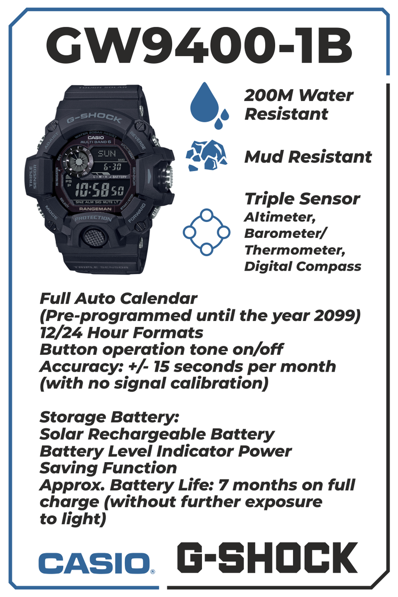 Casio Men G-Shock Master of G Rangeman Black Watch GW9400-1B with Wearable4U Power Pack Bundle