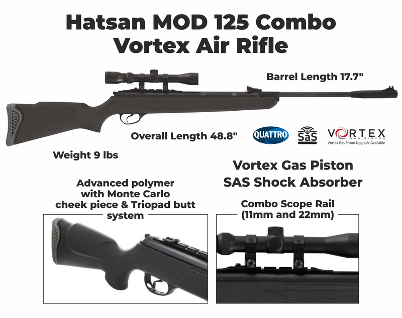Hatsan Mod 125 Combo Vortex .177 Caliber Break Barrel Air Rifle with Scope with Wearable4U 100x Paper Targets and 500x .177cal Lead Pellets Bundle