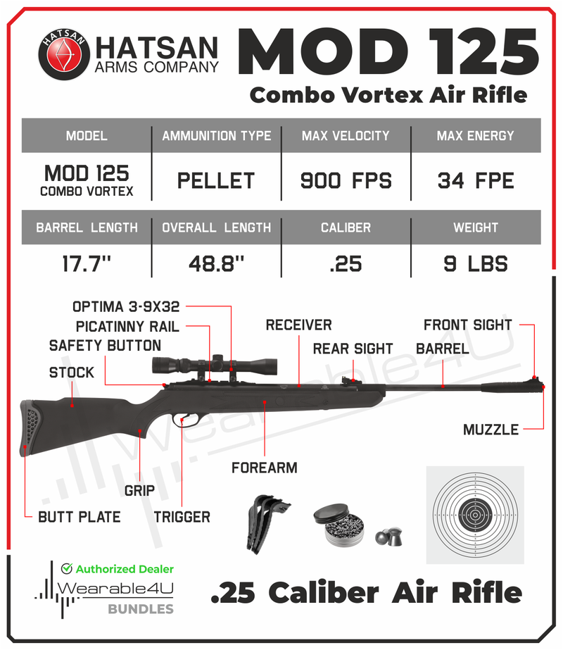 Hatsan Mod 125 Combo Vortex .25 Caliber Break Barrel Air Rifle with Wearable4U .25 cal 150ct Pellets and 100x Paper Targets Bundle