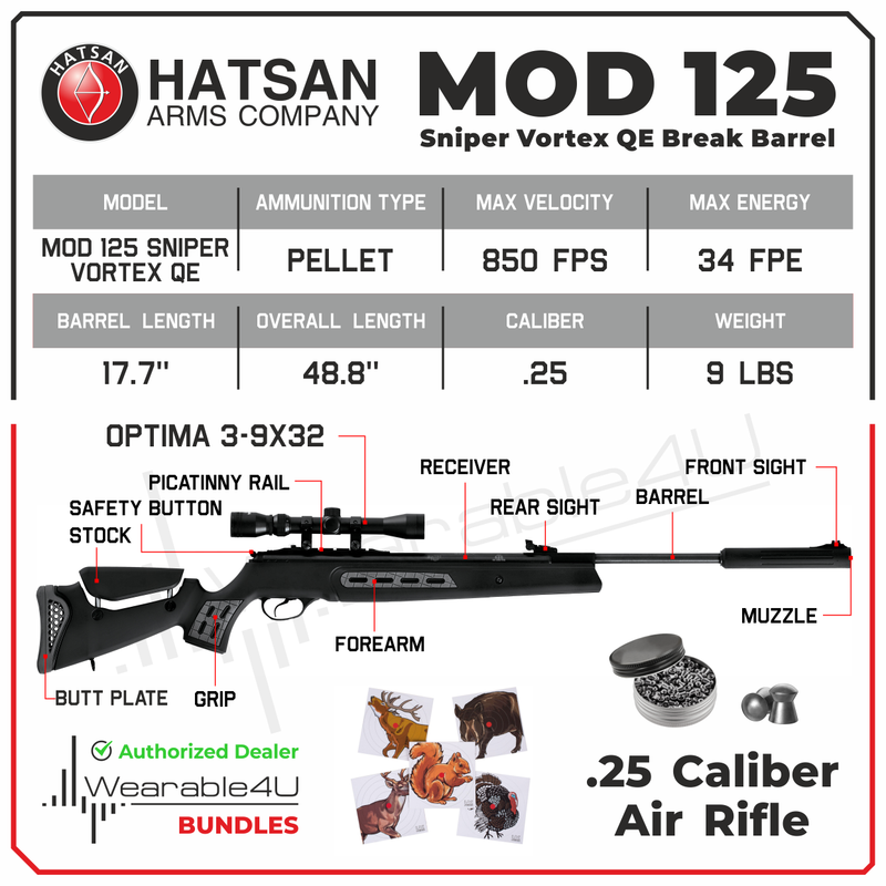 Hatsan MOD 125 Sniper Vortex QE Quiet Energy .177 Caliber or .22 Caliber or .25 Caliber Black Air Rifle with Included Wearable4U 100x Paper Targets and Lead Pellets Bundle (MAY VARY)