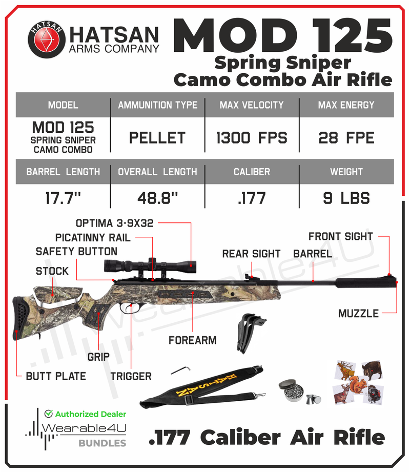 Hatsan MOD 125 Spring Sniper Camo Combo .177 Cal or .22 Cal or .25 Cal Air Rifle with Included Wearable4U 100x Paper Targets and Pellets Bundle