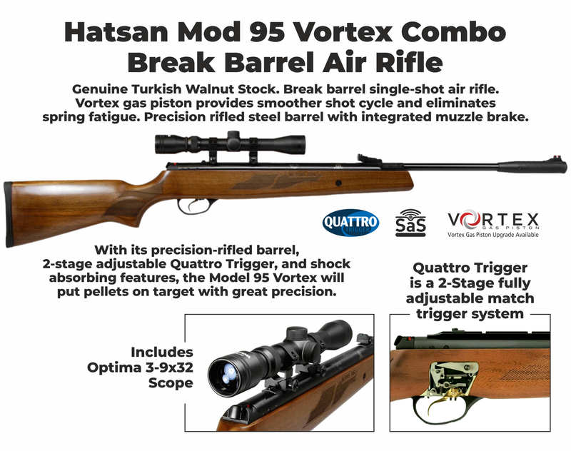 Hatsan Mod 95 Vortex Combo .22 Caliber Break Barrel Air Rifle with Wearable4U .22 cal 250ct Pellets and 100x Paper Targets Bundle