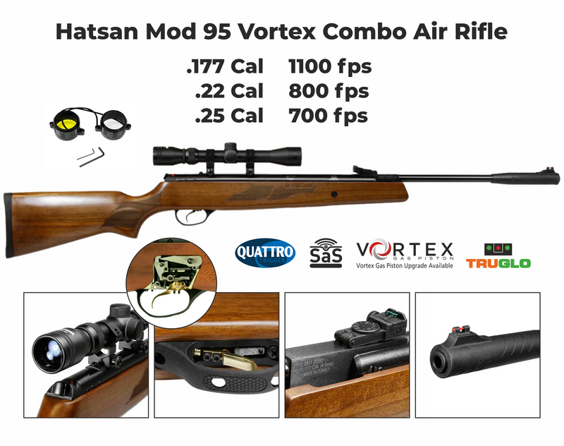 Hatsan Mod 95 Vortex Combo .177 Caliber Break Barre Air Rifle with Wearable4U .177 cal 500ct Pellets and 100x Paper Targets Bundle