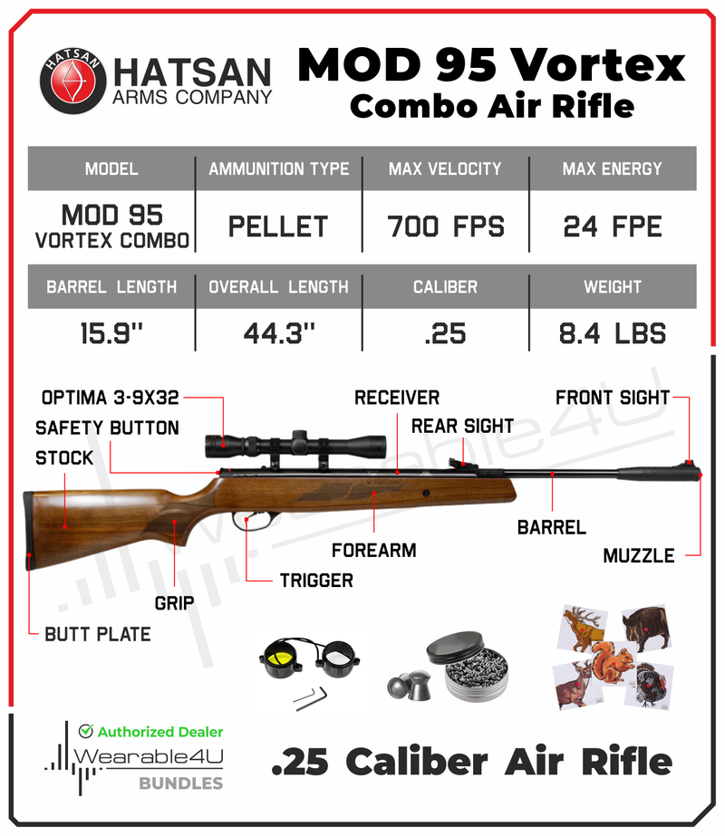 Hatsan Mod 95 Vortex Combo .25 Cal Air Rifle with Wearable4U 100x Paper Targets and 150x .25cal Lead Pellets Bundle