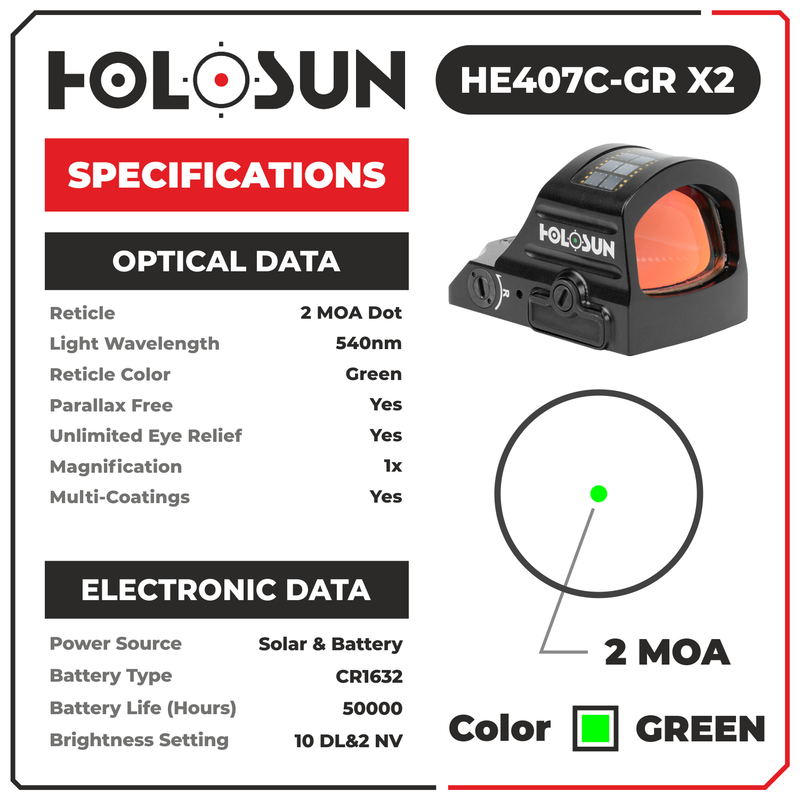 Holosun Elite Green Dot Only Reticle Sight HE407C-GR X2 with Wearable4U Lens Cleaning Pen, Extra CR1632 Battery and W4U Lens Cleaning Cloth Bundle