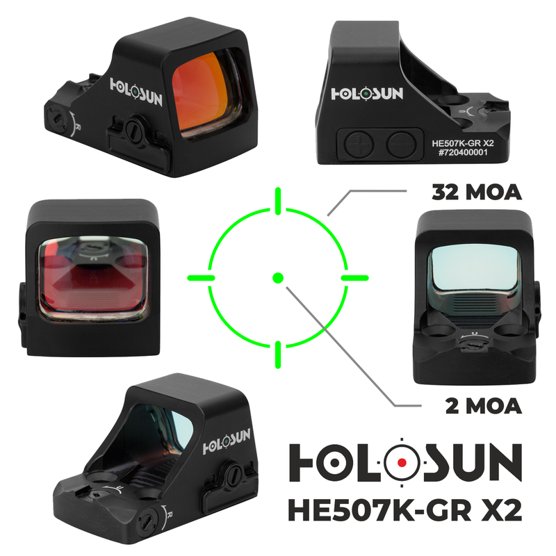 Holosun HE507K-GR X2 Elite Open Reflex Multi-Reticle Green Dot Sight with Extra Battery and W4U Lens Cleaning Pen and Lens Cloth Bundle