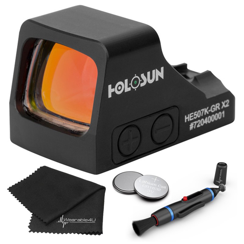 Holosun HE507K-GR X2 Elite Open Reflex Multi-Reticle Green Dot Sight with Extra Battery and W4U Lens Cleaning Pen and Lens Cloth Bundle