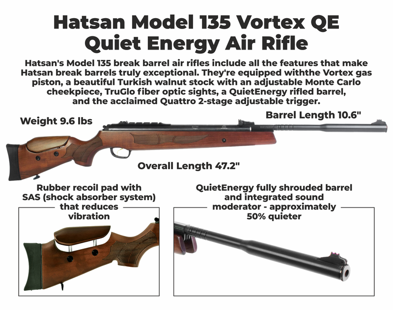 Hatsan Mod 135 Vortex QuietEnergy Pellet Air Rifle Airgun, Walnut Stock, .177/.25/.30/.22 caliber