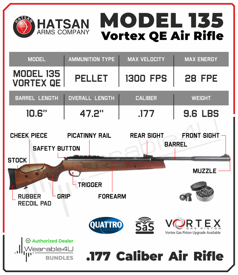 Hatsan Model 135 Vortex QE (Quiet Energy) Air Rifle with Wearable4U Included Pack of Pellets Cloth Bundle