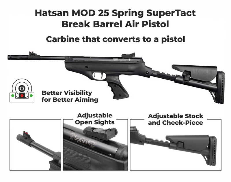 Hatsan MOD 25 Spring SuperTact Break Barrel .22 Caliber Air Pistol with Wearable4U .22 cal 250ct Pellets and 100x Paper Targets Bundle