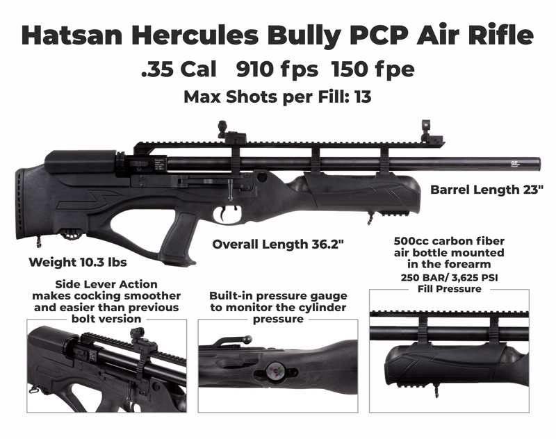 Hatsan Hercules Bully .35 Cal PCP Air Rifle with 4-12x40 Scope (w\ Rings) and Pellets and Wearable4U Hard Case and Cleaning Pen Bundle