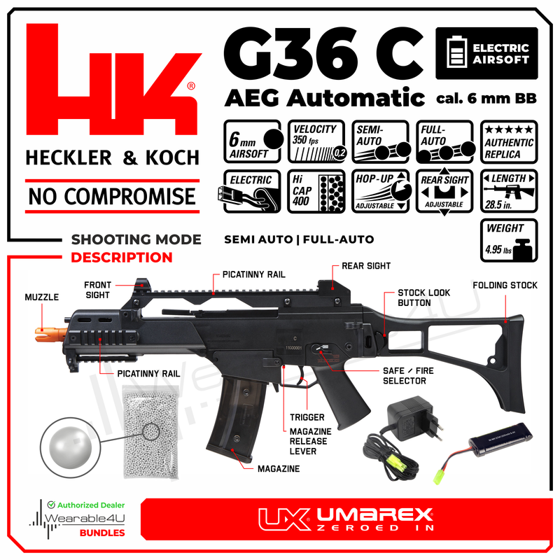 Umarex Elite Force HK Heckler & Koch G36C AEG Automatic Semi / Full 6mm BB Rifle Airsoft Gun with Wearable4U Bundle