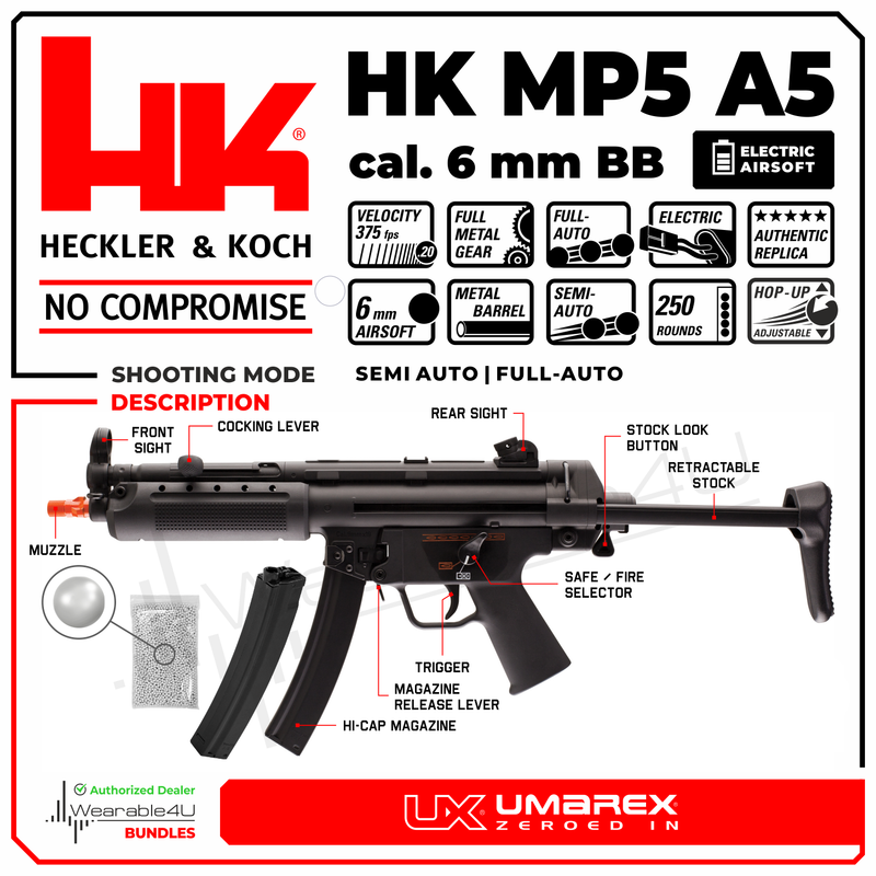 Umarex HK Heckler&Koch MP5 A5 Elite Series AEG Automatic 6mm BB Rifle Airsoft Gun with Wearable4U Bundle