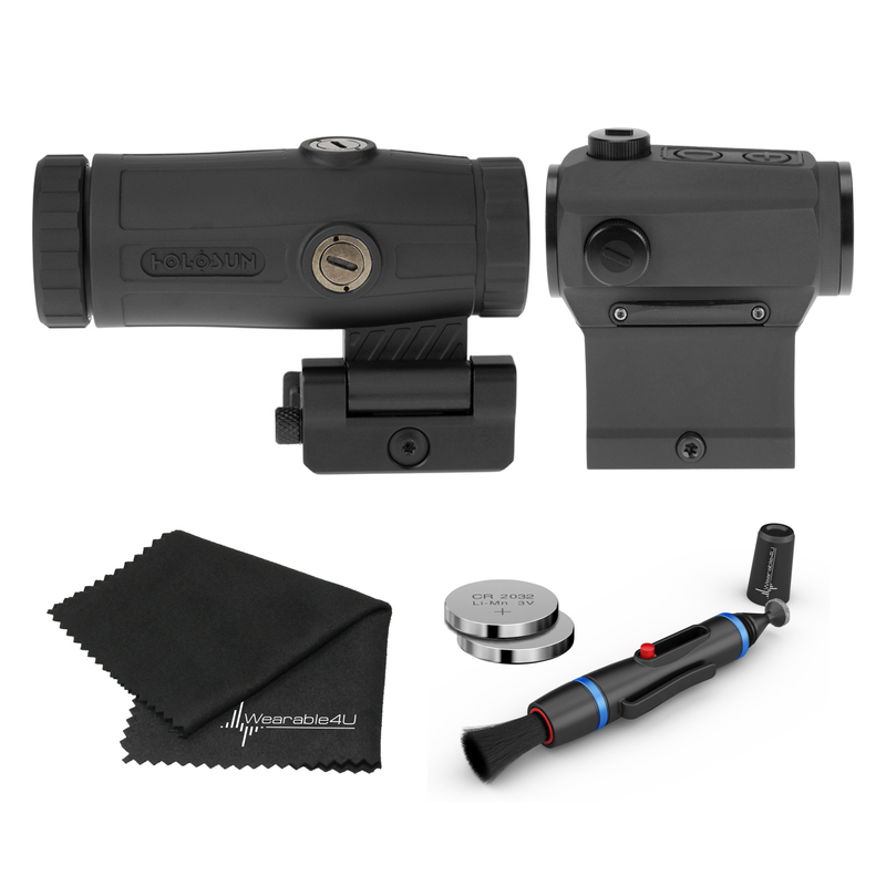 Holosun HS403B Micro Red Dot Optic (2 MOA) Sight with HM3X Magnifier Combo with Wearable4U Lens Cleaning Pen and Cloth, Extra CR2032 Battery Bundle