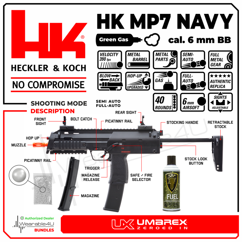 Wearable4U Umarex HK Heckler&Koch Airsoft Pistol Mp7 Navy Gbb Black, Steel Barrel (2262068) with Wearable4U Bundle