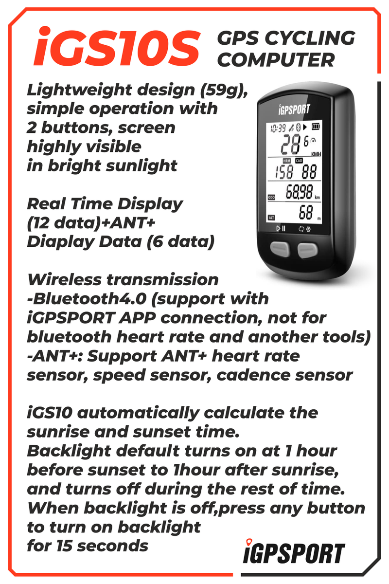 iGPSPORT iGS10S GPS Bluetooth/ANT+ Cycling Computer with HR60 Heart Rate, M80 Mount, SPD70 Speed and CAD70 Cadence Sensors and Bike Multi-Tool Bundle