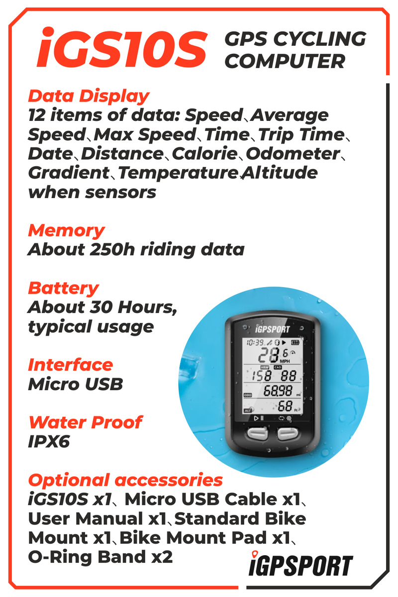 iGPSPORT iGS10S GPS Bluetooth/ANT+ Cycling Computer with HR60 Heart Rate, M80 Mount, SPD70 Speed and CAD70 Cadence Sensors and Bike Multi-Tool Bundle