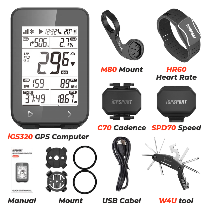 iGPSPORT iGS320 GPS Wireless Cycling Computer w/ HR60 Heart Rate, M80 Mount, SPD70 Speed and CAD70 Cadence Sensors and Bike Multi-Tool Bundle