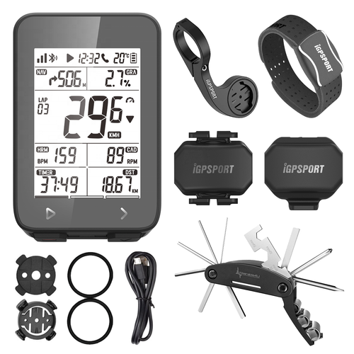 iGPSPORT iGS320 GPS Wireless Cycling Computer w/ HR60 Heart Rate, M80 Mount, SPD70 Speed and CAD70 Cadence Sensors and Bike Multi-Tool Bundle