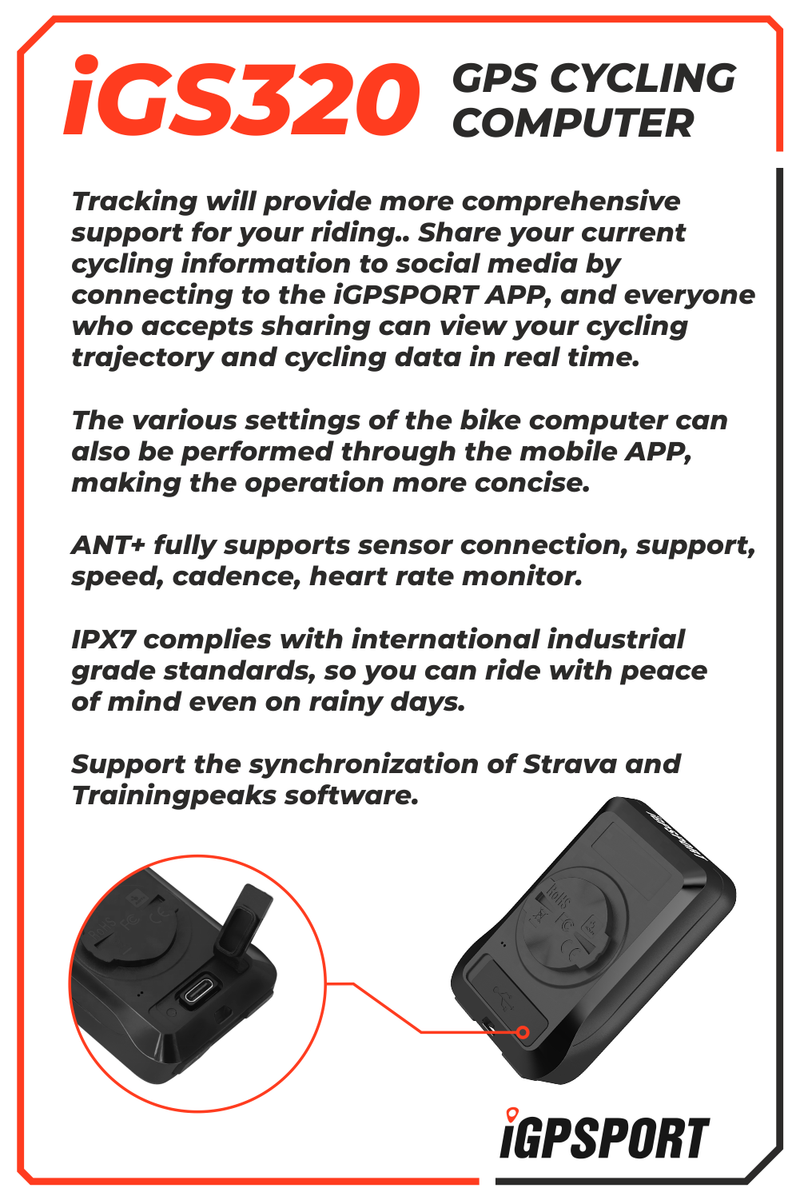 iGPSPORT iGS320 GPS Wireless Cycling Computer w/ HR60 Heart Rate, M80 Mount, SPD70 Speed and CAD70 Cadence Sensors and Bike Multi-Tool Bundle