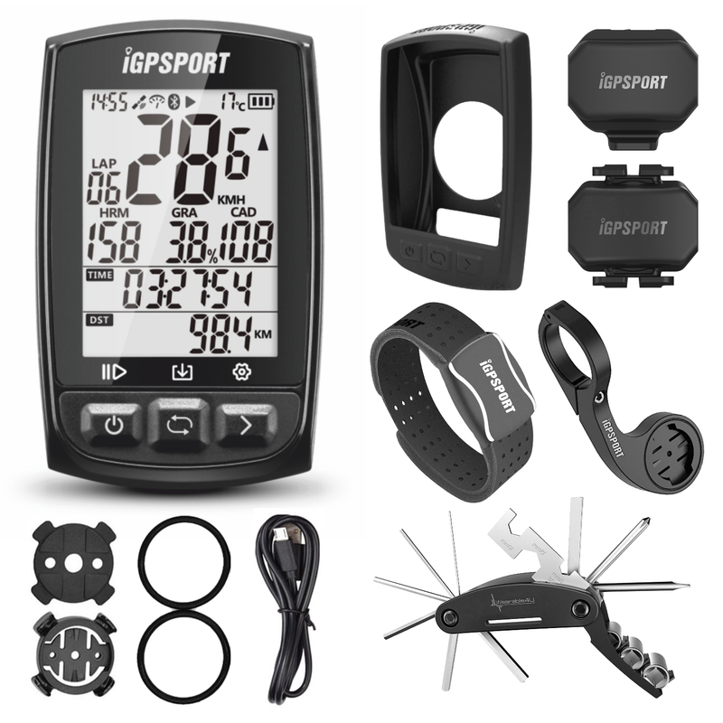 iGPSPORT iGS50S GPS Wireless Bike Computer w/ HR60 Heart Rate, BH50 Case, M80 Mount, SPD70 Speed and CAD70 Cadence Sensors and Bike Multi-Tool Bundle