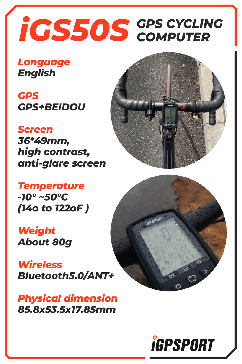 iGPSPORT iGS50S GPS Wireless Bike Computer w/ HR60 Heart Rate, BH50 Case, M80 Mount, SPD70 Speed and CAD70 Cadence Sensors and Bike Multi-Tool Bundle
