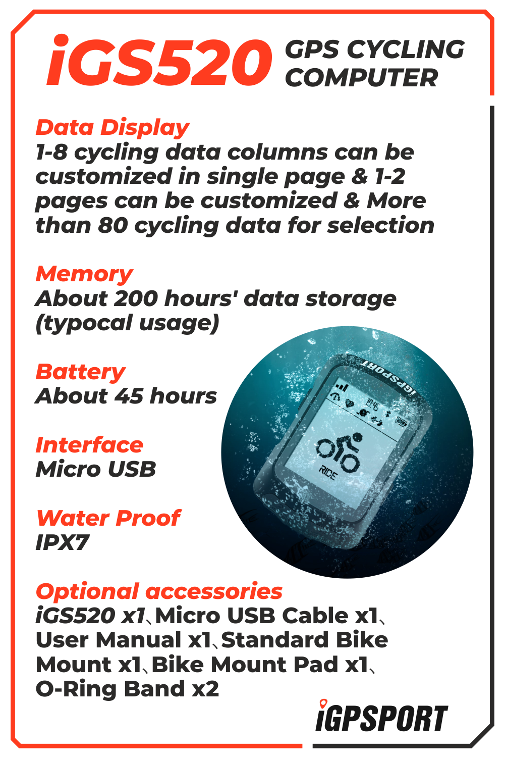 iGPSPORT iGS520 GPS Cycling Computer with Wearable4U Bundle