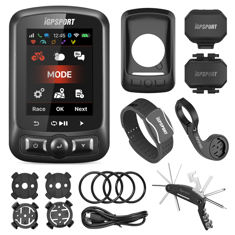 iGPSPORT iGS620 GPS Cycling Computer with HR60 Heart Rate, M80 Mount, BH620 Case, SPD70 Speed and CAD70 Cadence Sensors and Bike Multi-Tool Bundle