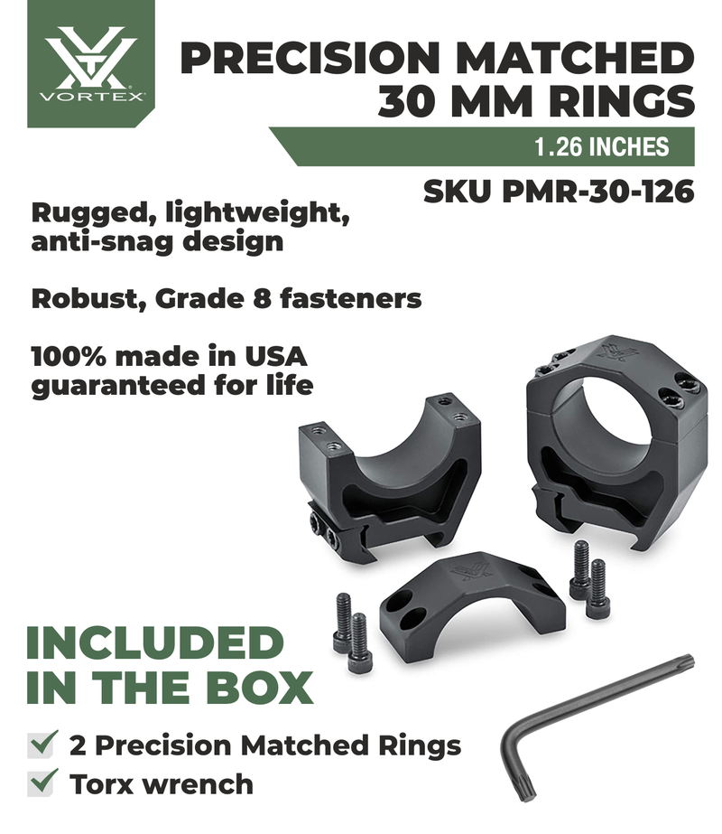 Vortex Optics Precision Match 30mm Rings Set High 1.26 in with Free Hat Bundle