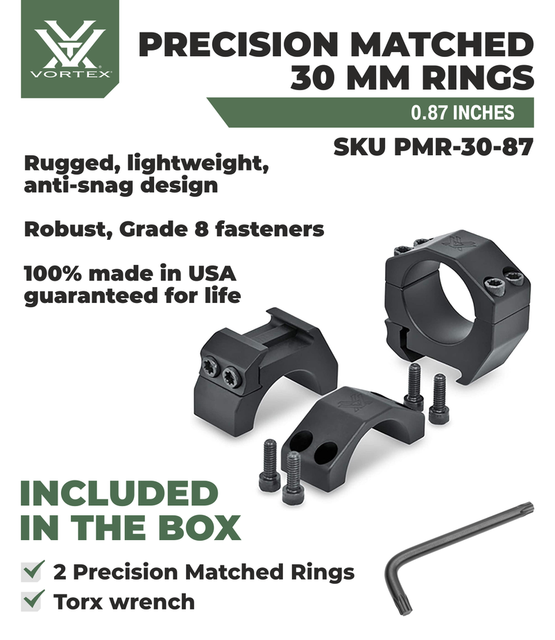 Vortex Optics Precision Match 30mm Ring Set Low .87 in with Free Hat Bundle
