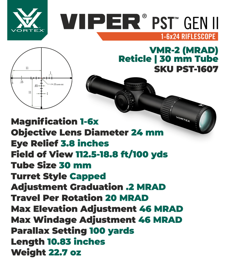Vortex Optics Viper PST Gen II Second Focal Plane 1-6X24 VMR-2 (MRAD) Reticle, 30 mm Tube Riflescope with Wearable4U Bundle