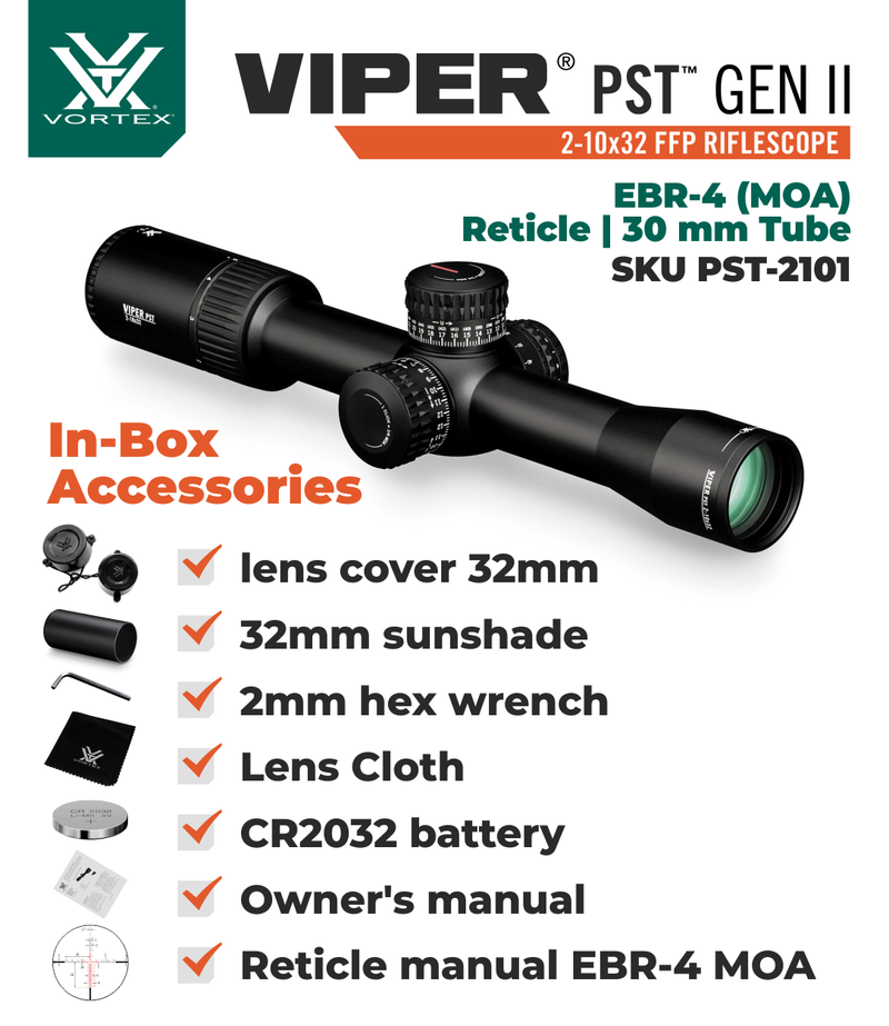 Vortex Optics Viper PST GII 2-10x32 EBR-4 MOA Riflescope with Wearable4U Bundle