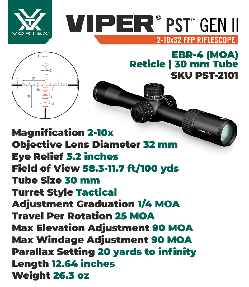 Vortex Optics Viper PST GII 2-10x32 EBR-4 MOA Riflescope with Wearable4U Bundle