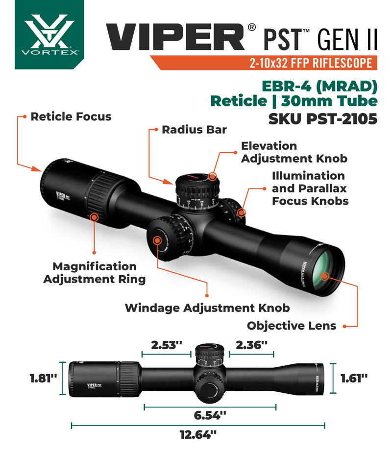 Vortex Optics Viper PST Gen II 2-10x32 FFP EBR-4 MRAD Riflescope with Free Hat