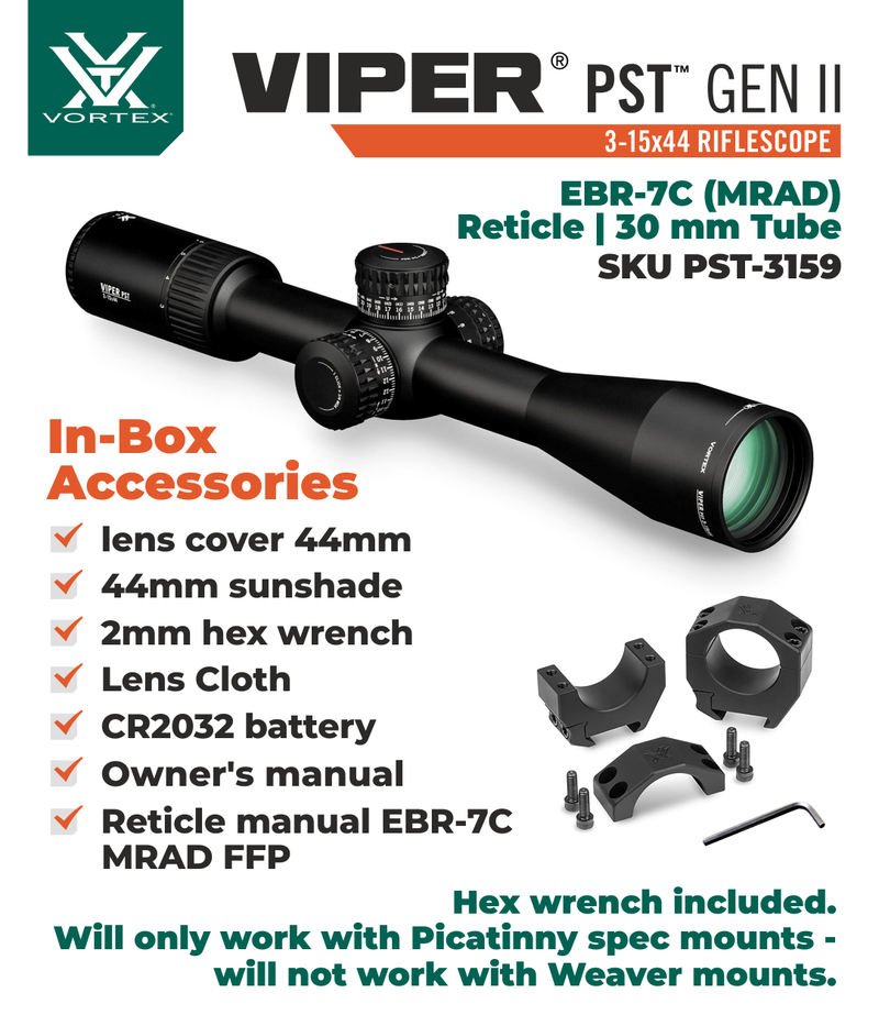 Vortex Optics Viper PST Gen II 3-15x44 FFP Riflescope EBR-7C (MRAD) Reticle, 30 mm Tube with Rings