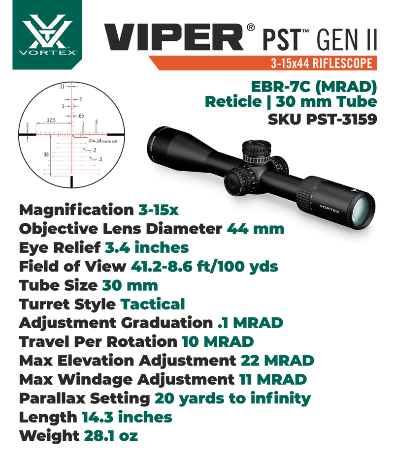 Vortex Optics Viper PST Gen II 3-15x44 FFP Riflescope EBR-7C (MRAD) Reticle, 30 mm Tube with Rings