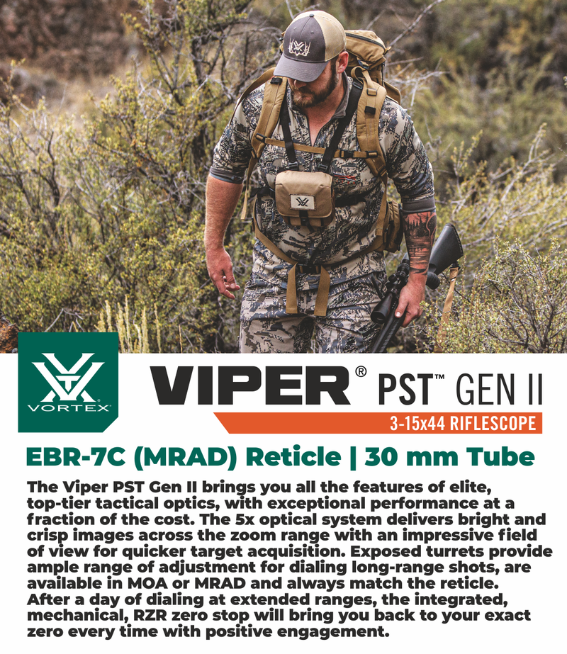 Vortex Optics Viper PST Gen II 3-15x44 FFP Riflescope EBR-7C (MRAD) Reticle, 30 mm Tube with Rings